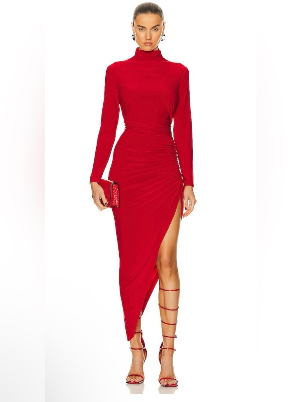 Norma Kamali Red Long-Sleeve Ruched Asymmetrical Dress
